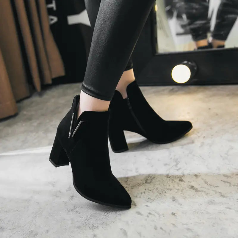 New Women's Suede Ankle Boots with Chunky Heels