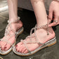 Pearl Square Toe Rhinestone Buckle Heels for Women