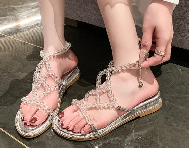 Pearl Square Toe Rhinestone Buckle Heels for Women