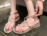 Pearl Square Toe Rhinestone Buckle Heels for Women