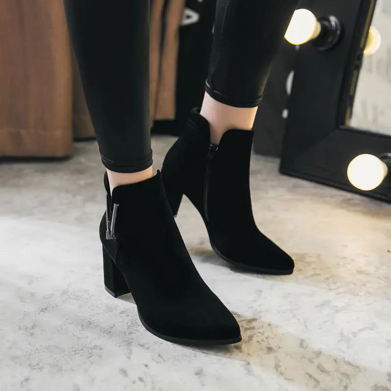 New Women's Suede Ankle Boots with Chunky Heels