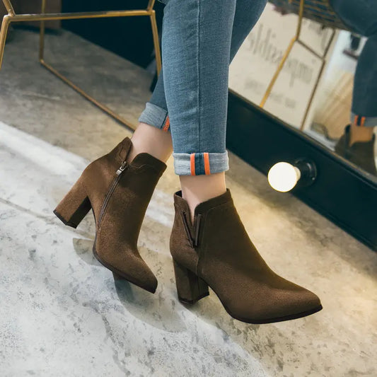 New Women's Suede Ankle Boots with Chunky Heels