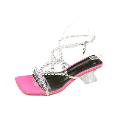 Pearl Square Toe Rhinestone Buckle Heels for Women