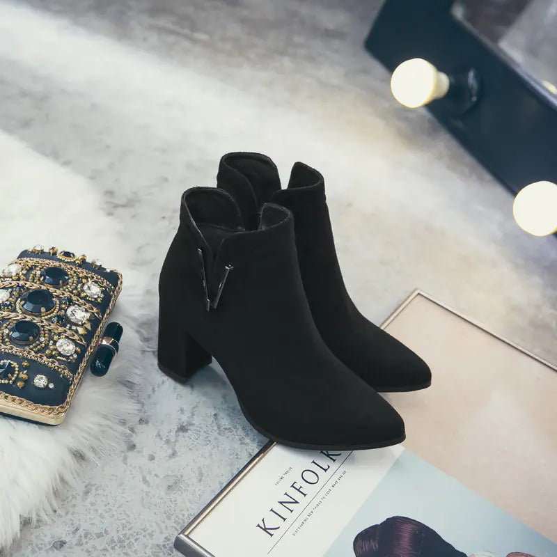 New Women's Suede Ankle Boots with Chunky Heels