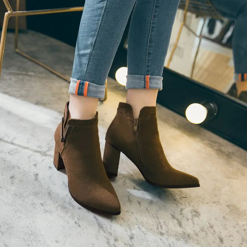 New Women's Suede Ankle Boots with Chunky Heels